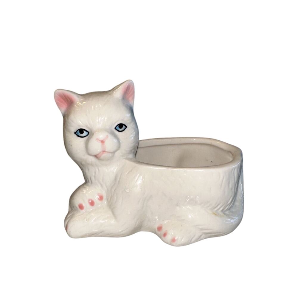 VINTAGE White‎ Kitty Cat Kitten Ceramic Planter 4x5" Succulent Vase